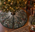 Pinecones & Needles Reading Nook Tree Skirt with flat printed optical 3D pine needles, pinecones and woodland shadows