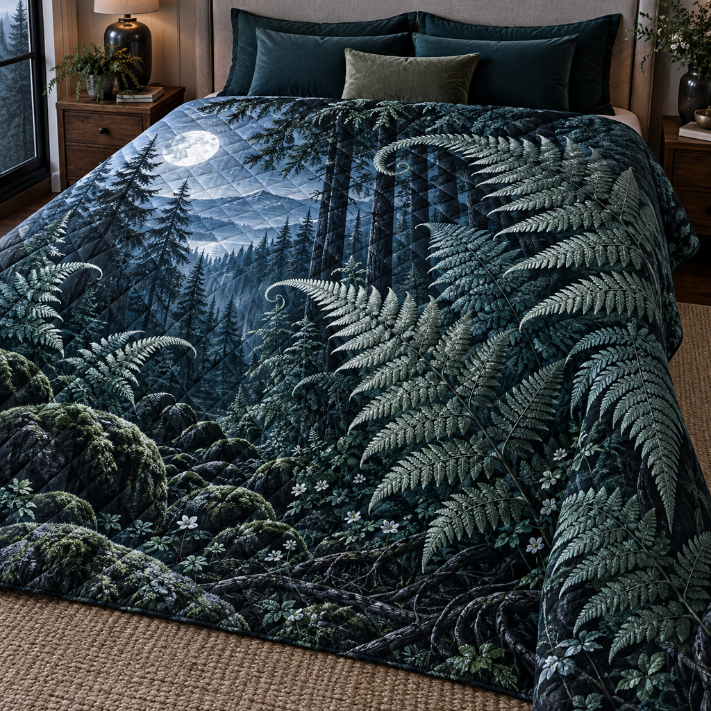 Pinecones & Needles Bedroom Tree Skirt with flat printed optical 3D midnight pine needles, copper pinecones and silver highlights