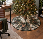 Pinecones & Needles Home Office Tree Skirt with flat printed optical 3D olive pine needles, sienna pinecones and slate shadows