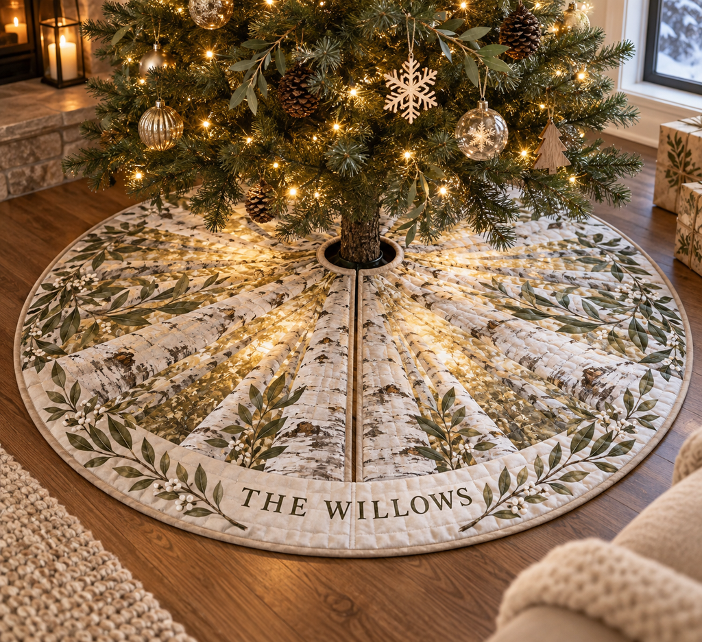 Birch Grove Housewarming Tree Skirt with flat printed optical 3D birch grove; sample family name shown on item