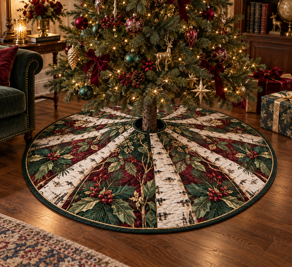 Birch Grove Collector Tree Skirt with flat printed optical 3D ivory birch trunks, emerald leaves and copper-gold woodland light