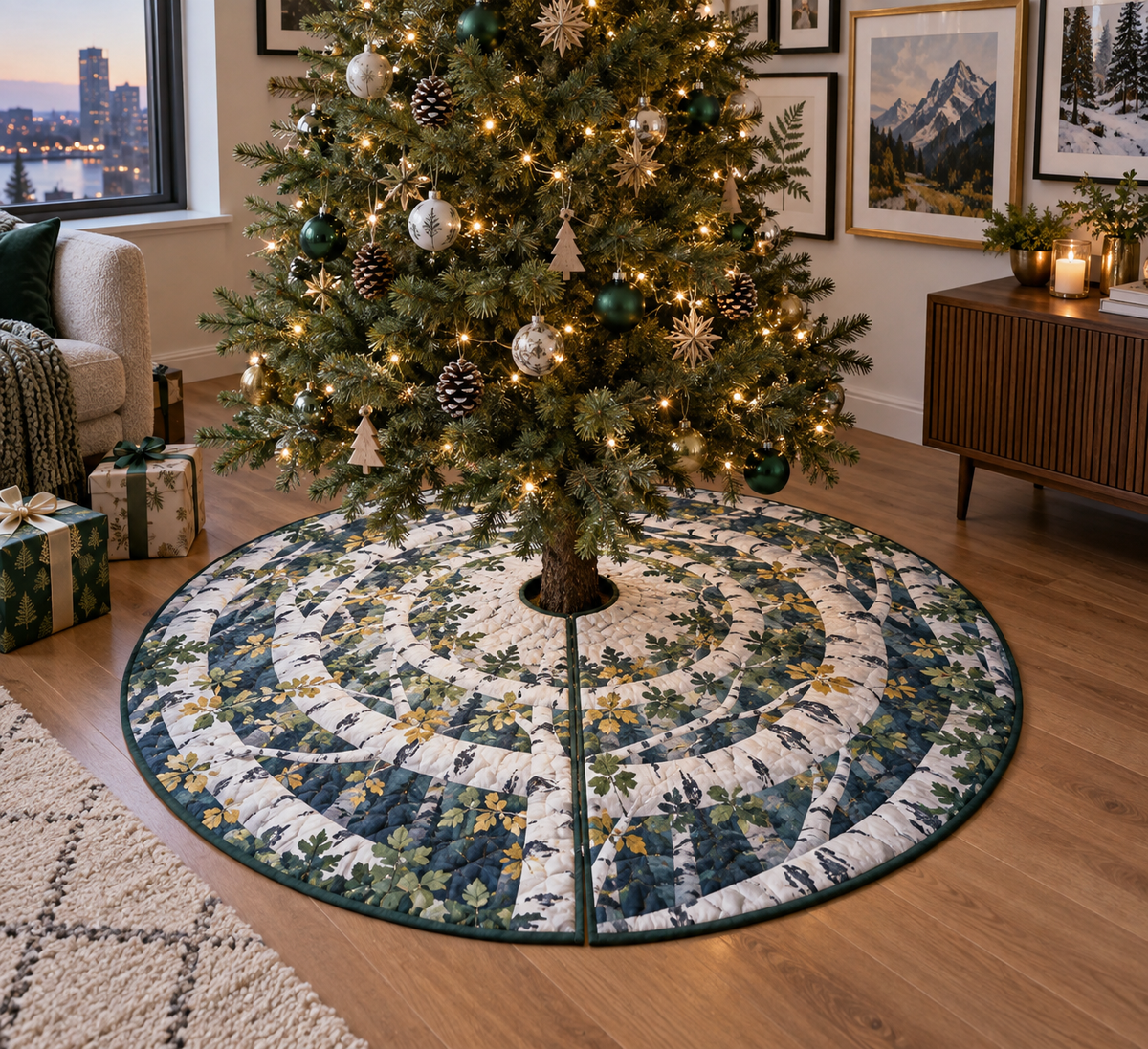 Birch Grove Gallery Tree Skirt with flat printed optical 3D ivory birch trunks, teal and sage leaves and warm light