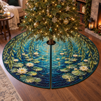 Willow Pond Reading Nook Tree Skirt with flat printed optical 3D willow fronds, jade pond ripples and water lilies