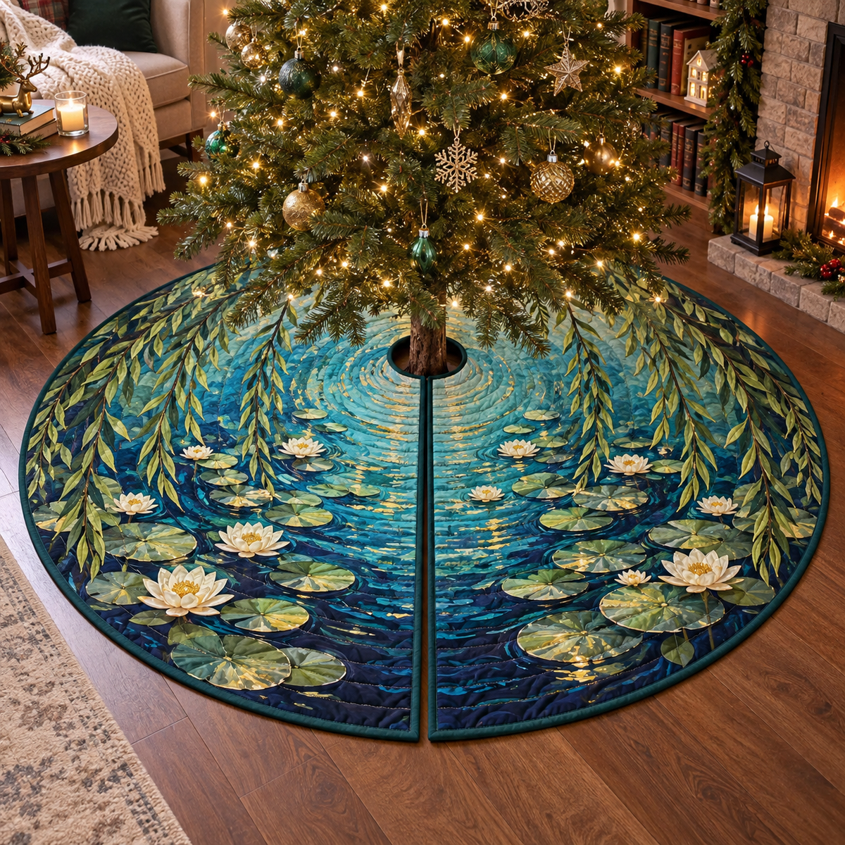 Willow Pond Reading Nook Tree Skirt with flat printed optical 3D willow fronds, jade pond ripples and water lilies