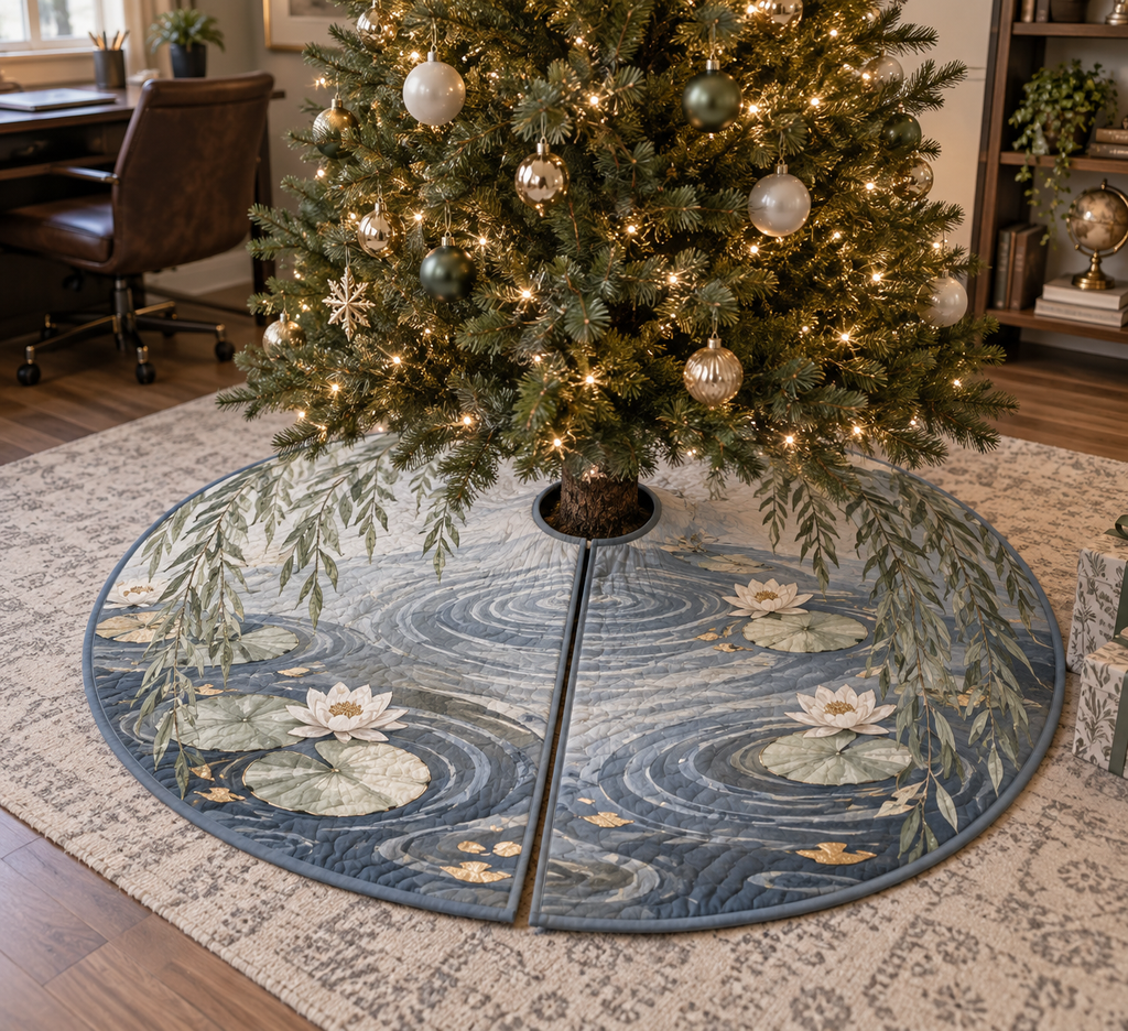 Willow Pond Home Office Tree Skirt with flat printed optical 3D sage willow fronds, slate-blue pond and ivory water lilies