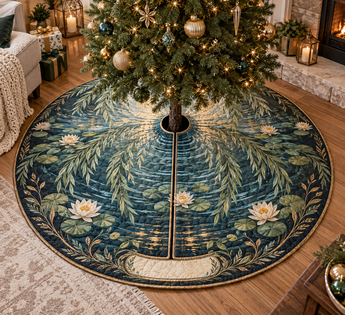 Willow Pond Housewarming Tree Skirt with flat printed optical 3D willow pond artwork; family name is added from the customer input