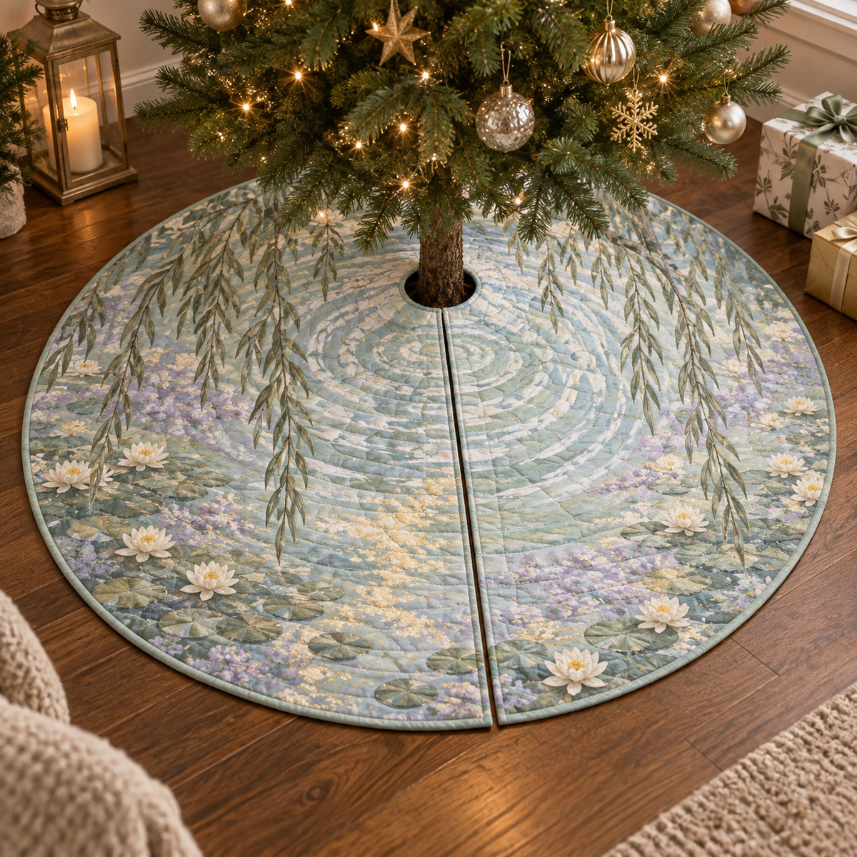 Willow Pond Quiet Corner Tree Skirt with flat printed optical 3D silver-sage willow fronds, pale aqua pond and white lilies