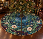Willow Pond Collector Tree Skirt with flat printed optical 3D emerald willow leaves, sapphire pond and ivory lilies