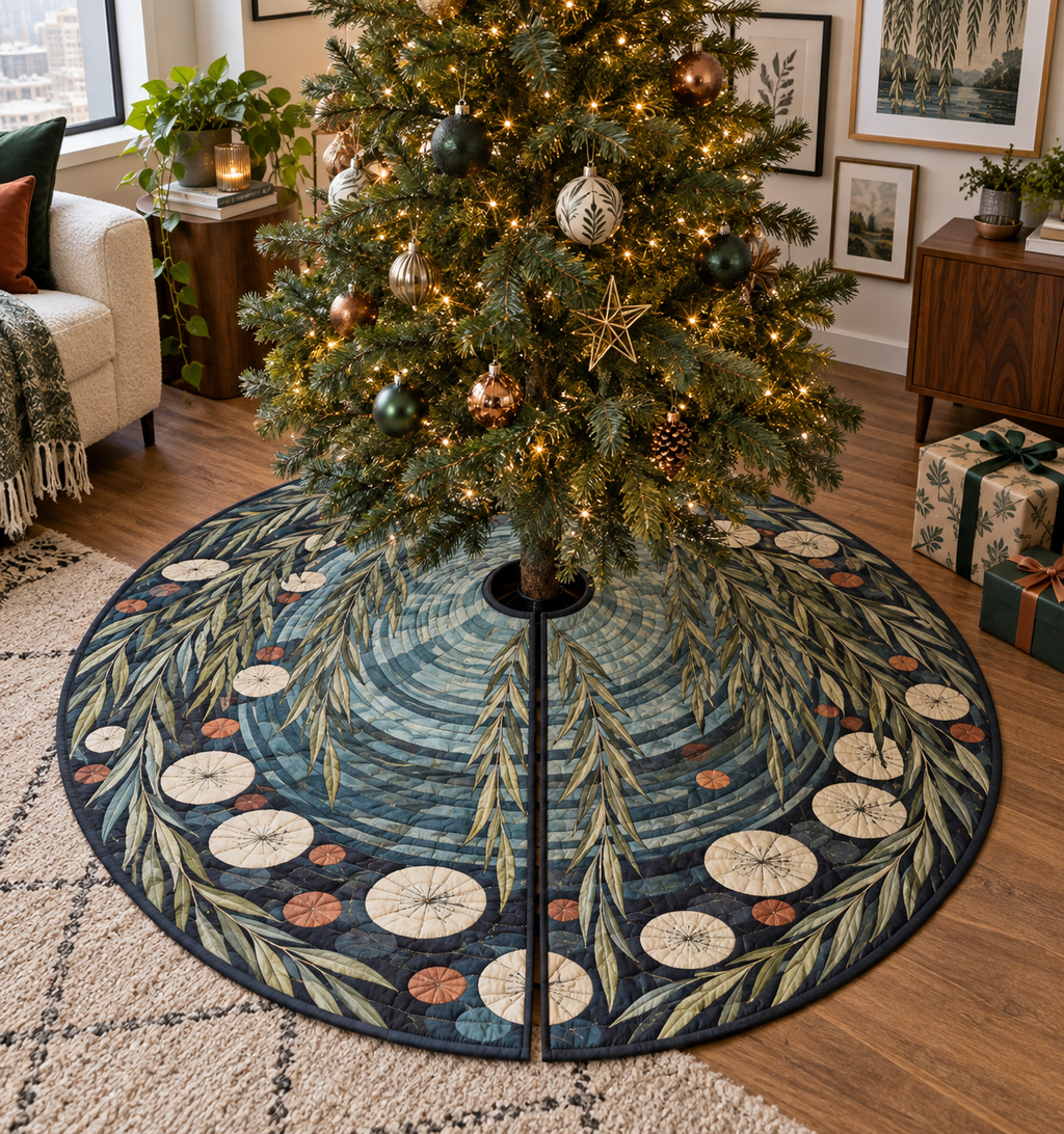 Willow Pond Gallery Tree Skirt with flat printed optical 3D olive willow fronds, aqua pond and ivory lily discs