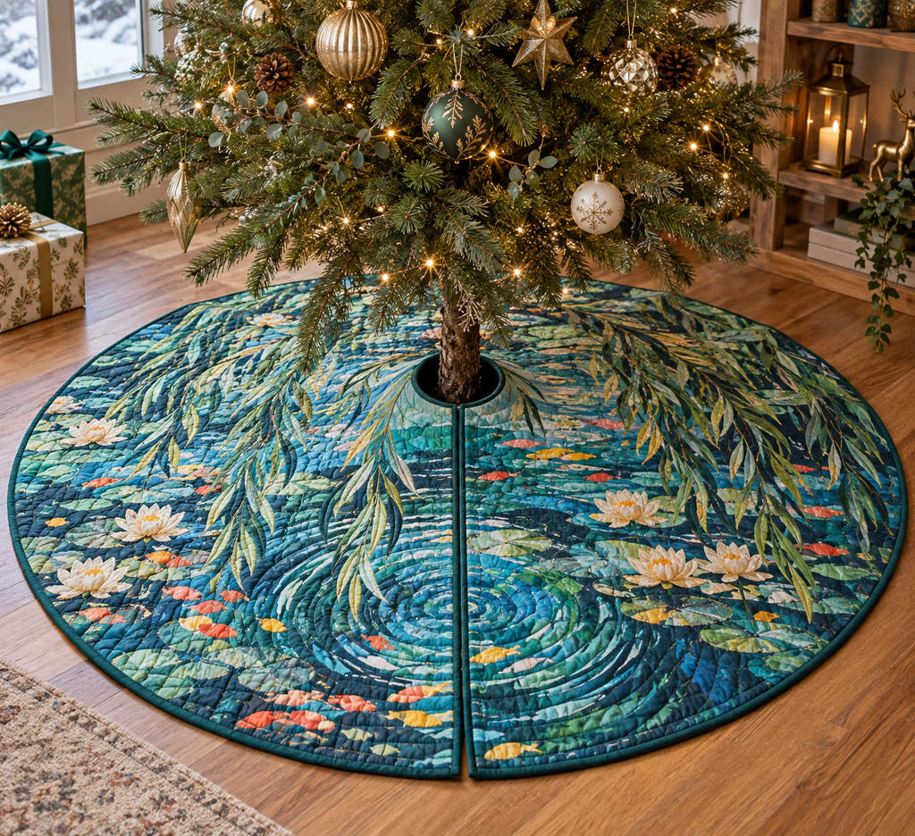 Willow Pond Hobby Studio Tree Skirt with flat printed optical 3D painterly willow, cobalt pond and ivory lilies