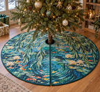 Willow Pond Hobby Studio Tree Skirt with flat printed optical 3D painterly willow, cobalt pond and ivory lilies