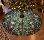 Willow Pond Host Gift Tree Skirt with flat printed optical 3D jade willow boughs, blue-green pond and ivory lilies