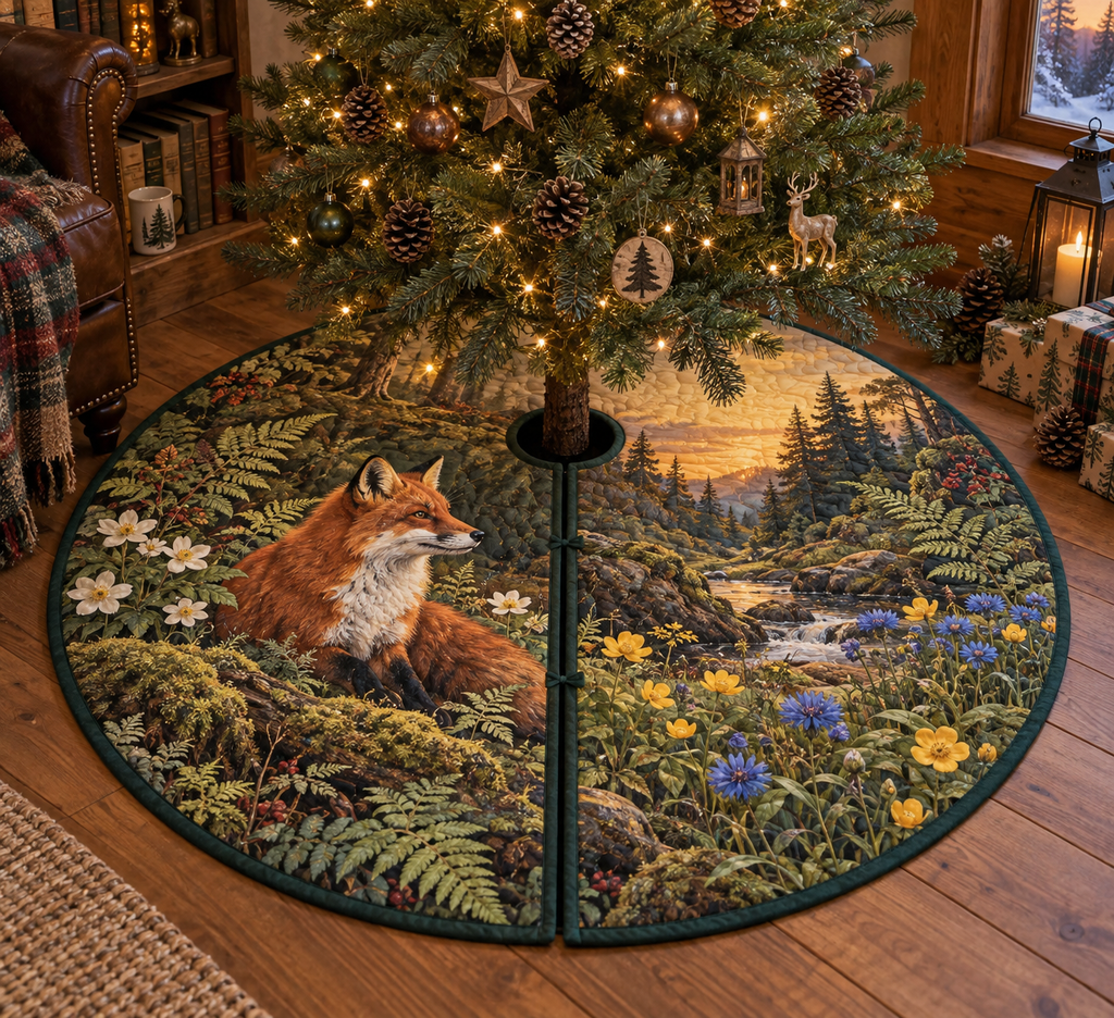 Fox Wildflower Reading Nook Tree Skirt with flat printed optical 3D russet fox, buttercups, cornflowers and birch grove