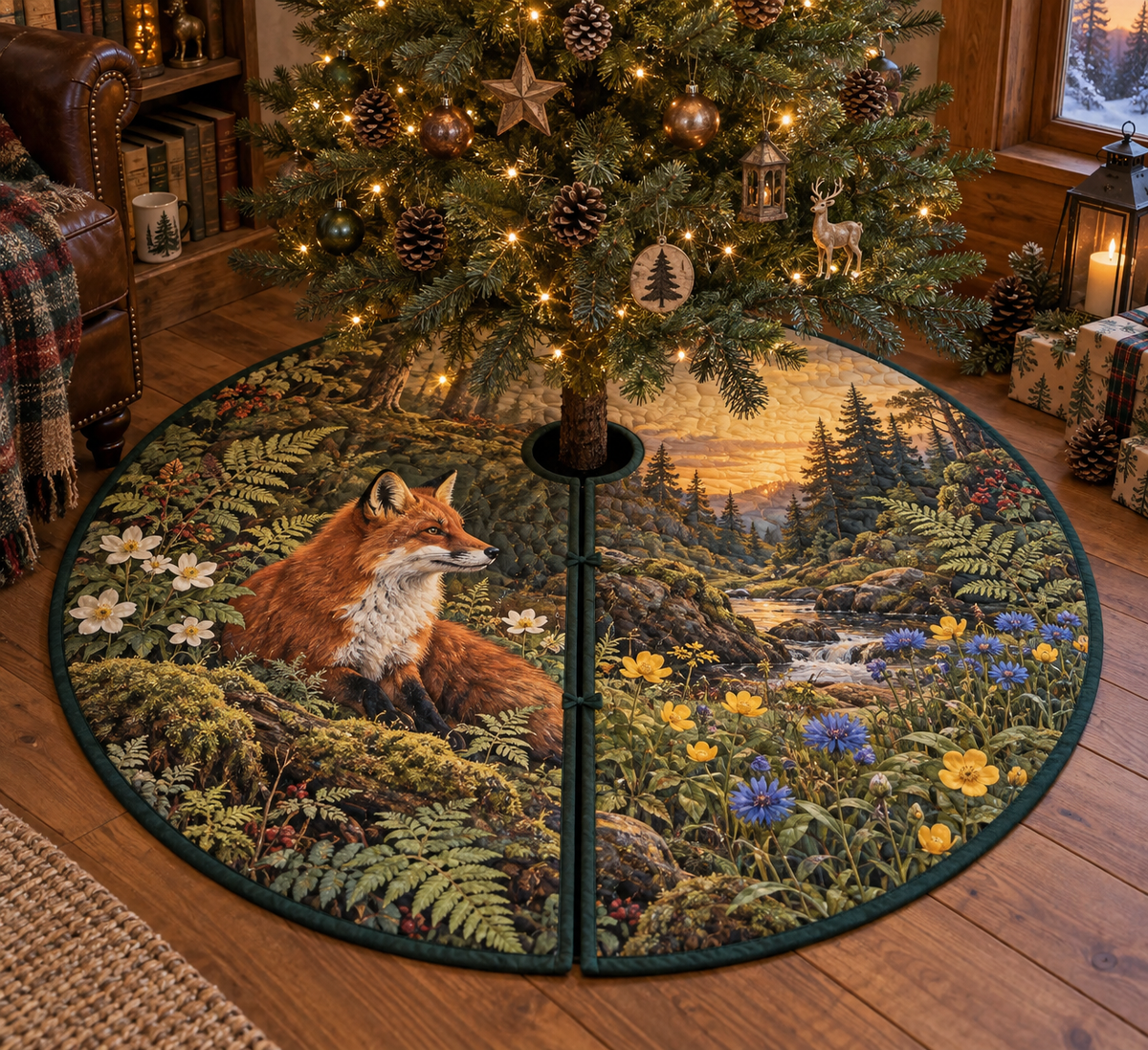 Fox Wildflower Reading Nook Tree Skirt with flat printed optical 3D russet fox, buttercups, cornflowers and birch grove