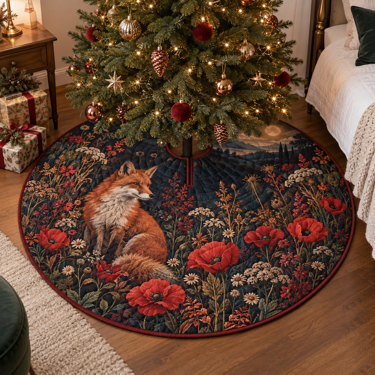 Fox Wildflower Bedroom Tree Skirt with flat printed optical 3D russet fox, rose poppies and midnight meadow