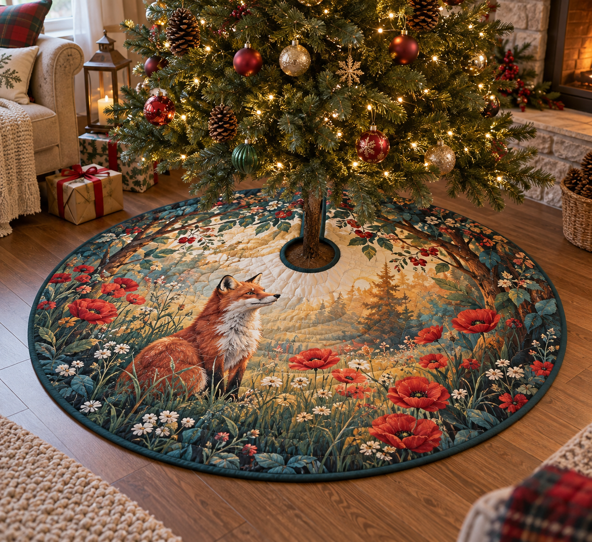 Fox Wildflower Living Room Tree Skirt with flat printed optical 3D russet fox, poppies, meadow grasses and leafy arch