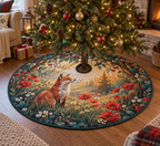 Fox Wildflower Living Room Tree Skirt with flat printed optical 3D russet fox, poppies, meadow grasses and leafy arch