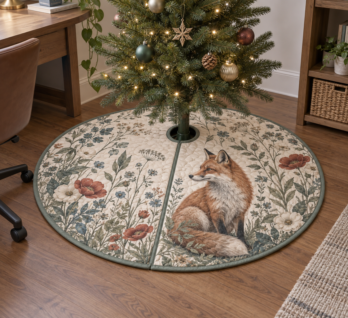 Fox Wildflower Office Tree Skirt with flat printed optical 3D fox, meadow stems, sage foliage and muted rust accents