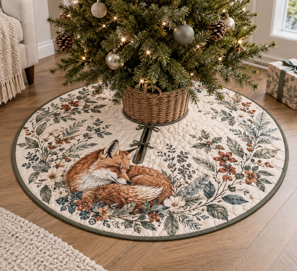Fox Wildflower Welcome Tree Skirt with flat printed optical 3D fox and wildflower artwork; family name is added from the customer input