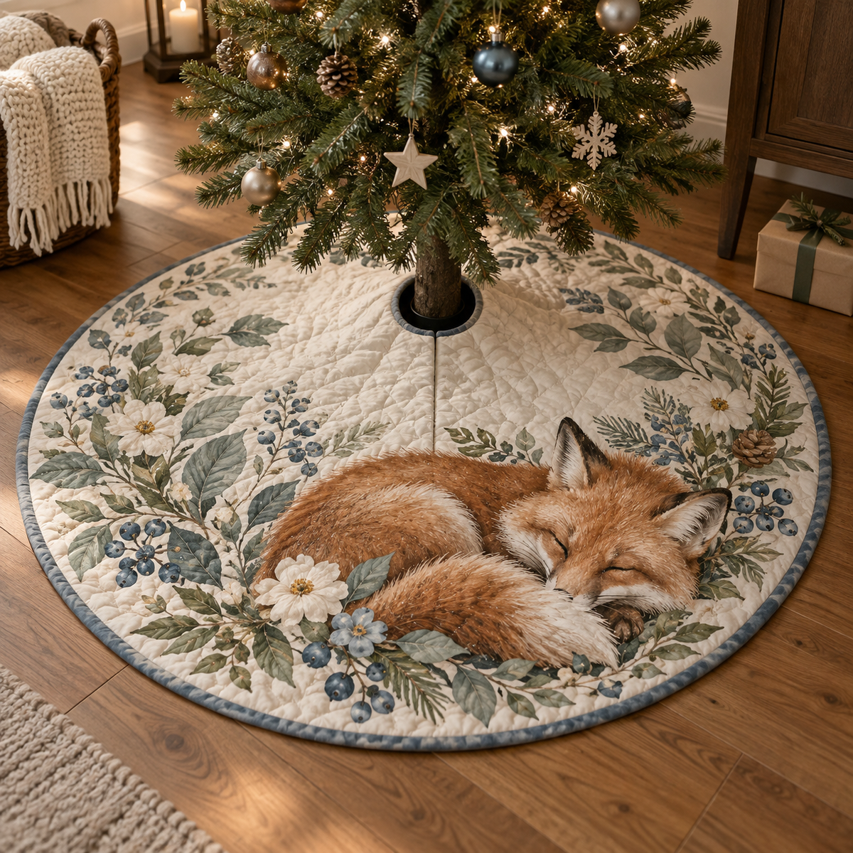 Fox Wildflower Quiet Corner Tree Skirt with flat printed optical 3D fox, wildflowers, sage leaves and quiet-corner styling