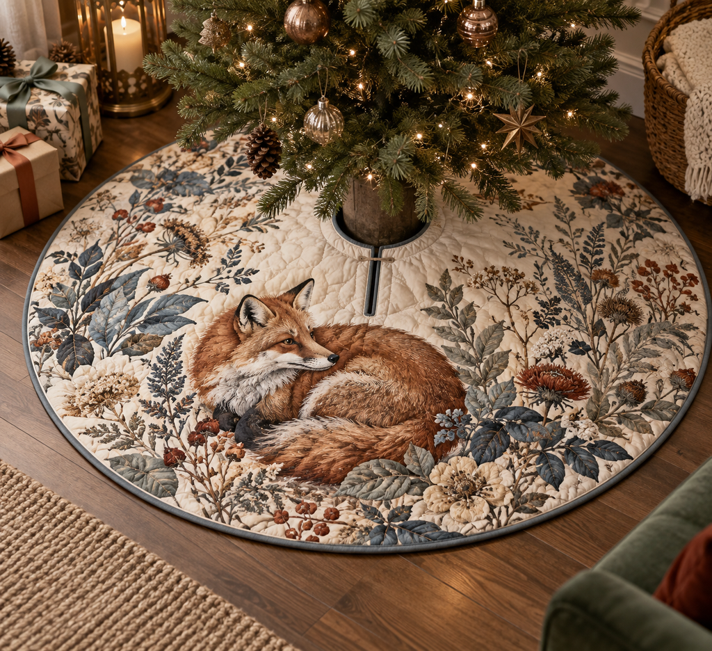 Fox Wildflower Collector Tree Skirt with flat printed optical 3D fox, meadow botanicals and collector-inspired detail