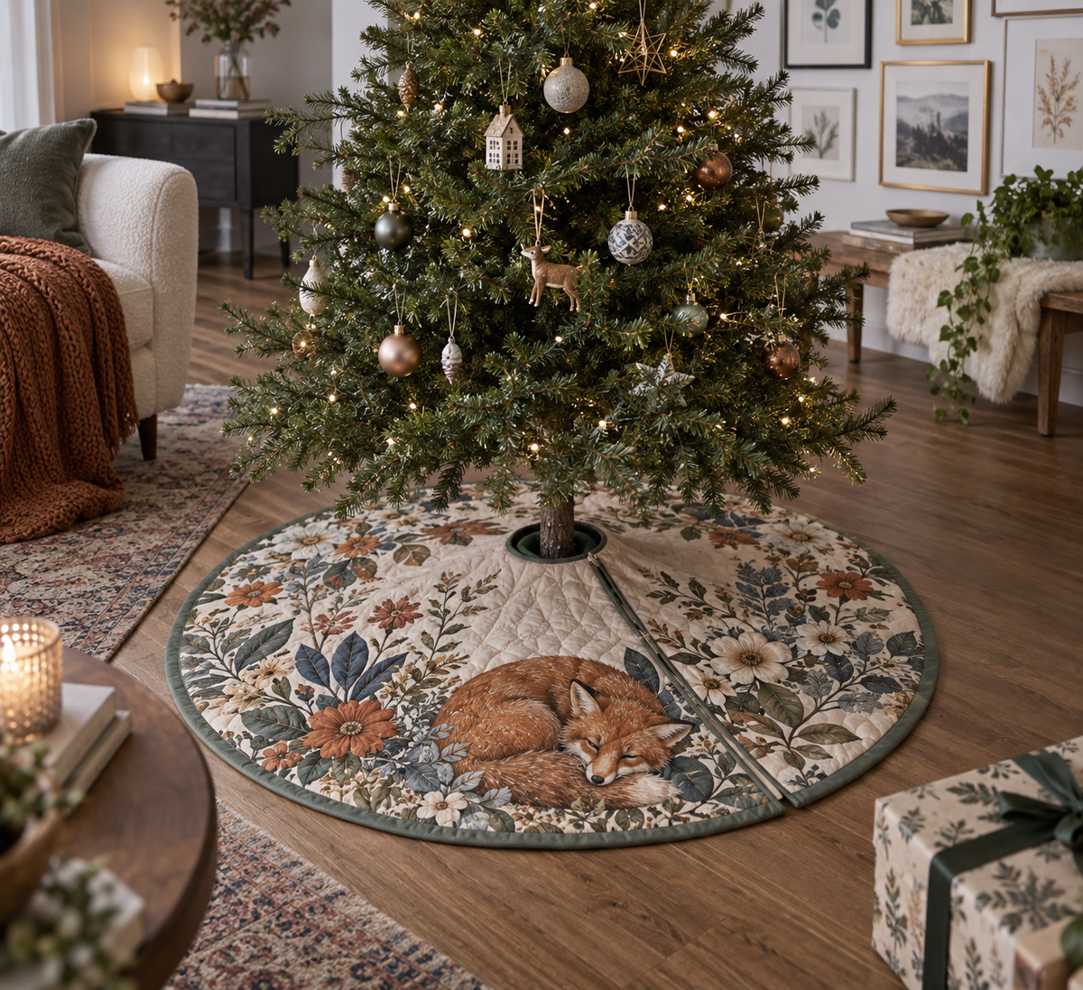 Fox Wildflower Gallery Tree Skirt with flat printed optical 3D fox, meadow botanicals and curated apartment-gallery styling