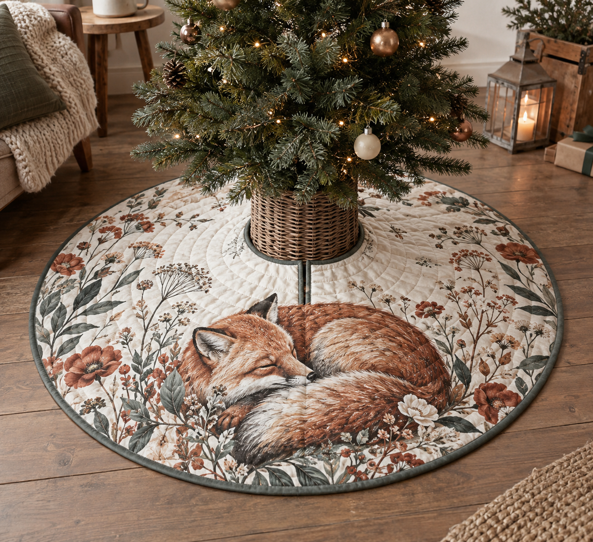 Fox Wildflower Studio Tree Skirt with flat printed optical 3D fox, wildflower botanicals and creative-studio styling