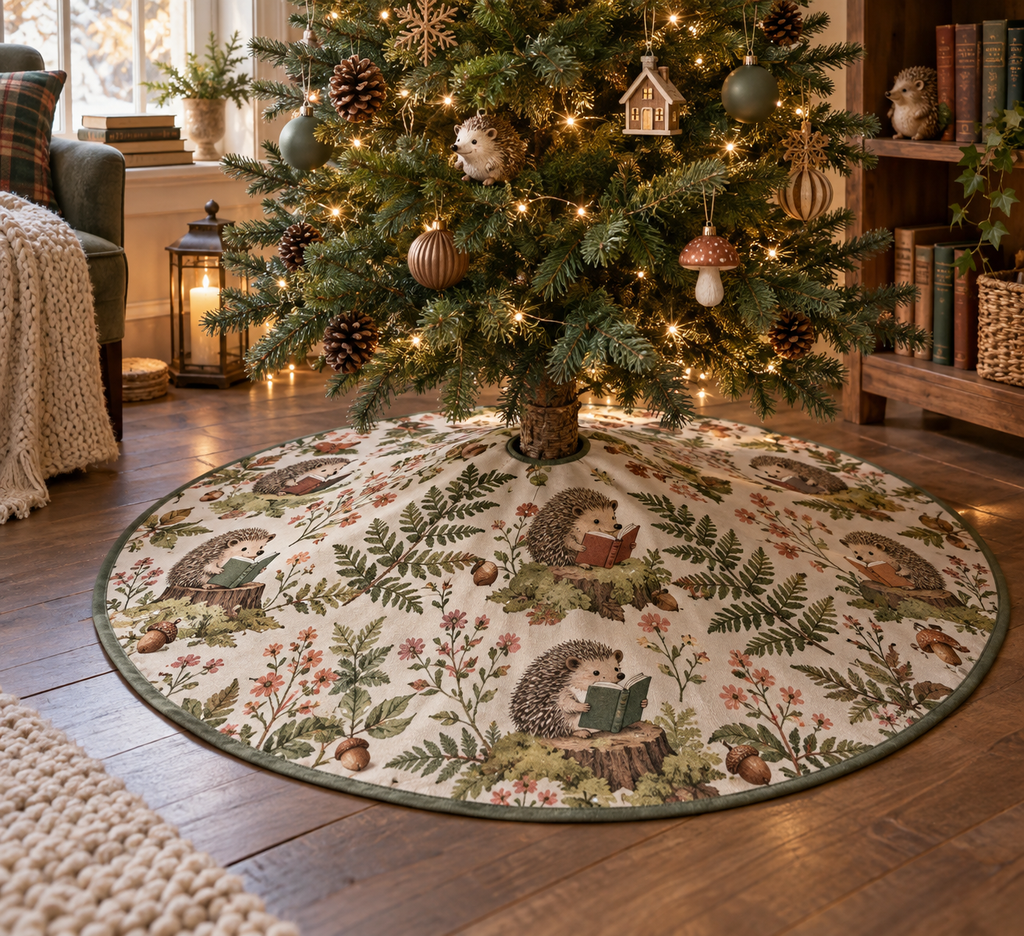 Round printed tree skirt with hedgehog reading nook garden artwork.