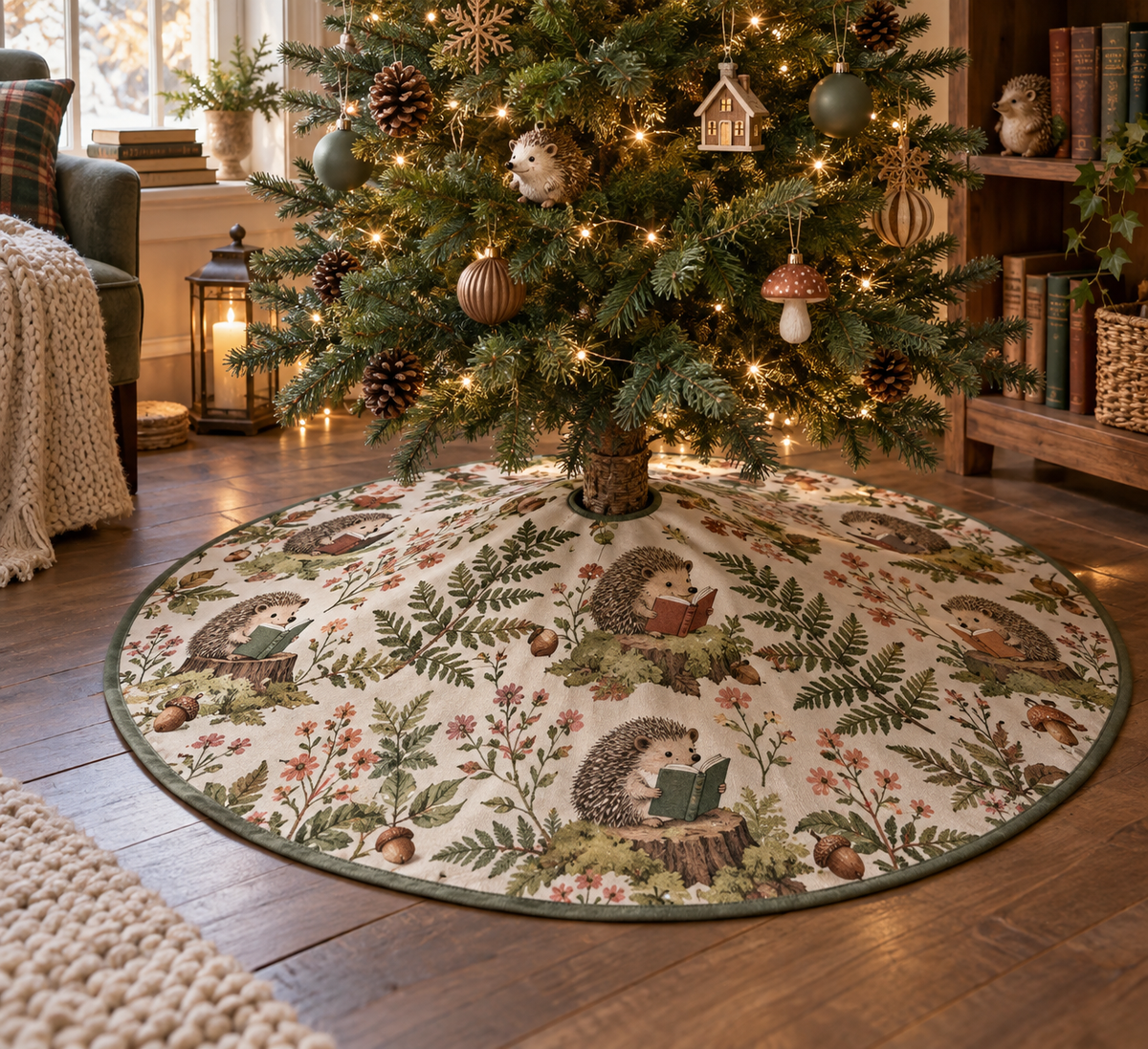 Round printed tree skirt with hedgehog reading nook garden artwork.