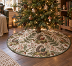 Round printed tree skirt with hedgehog reading nook garden artwork.