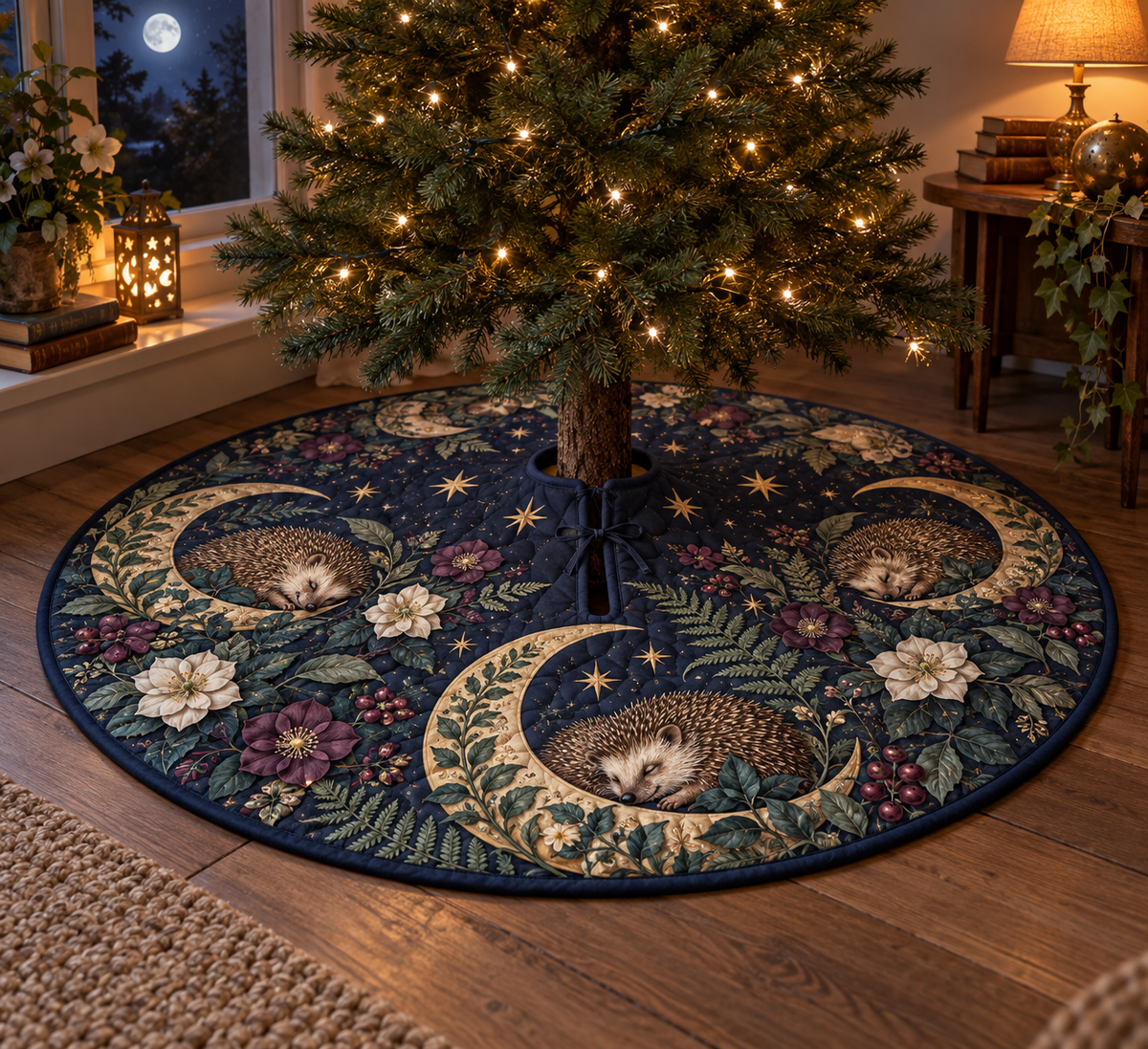 Round quilted tree skirt with hedgehog moon-garden artwork and a center opening.
