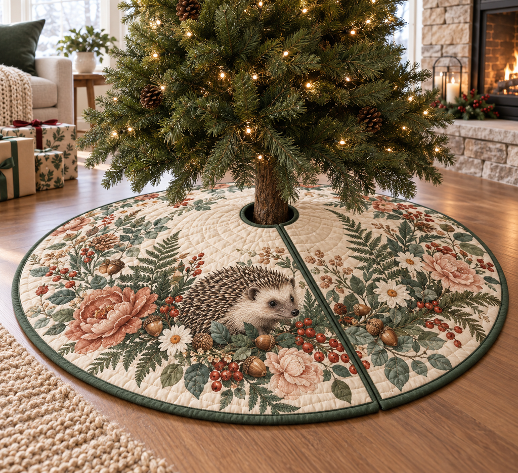 Round quilted tree skirt with a hedgehog garden wreath print and center opening.