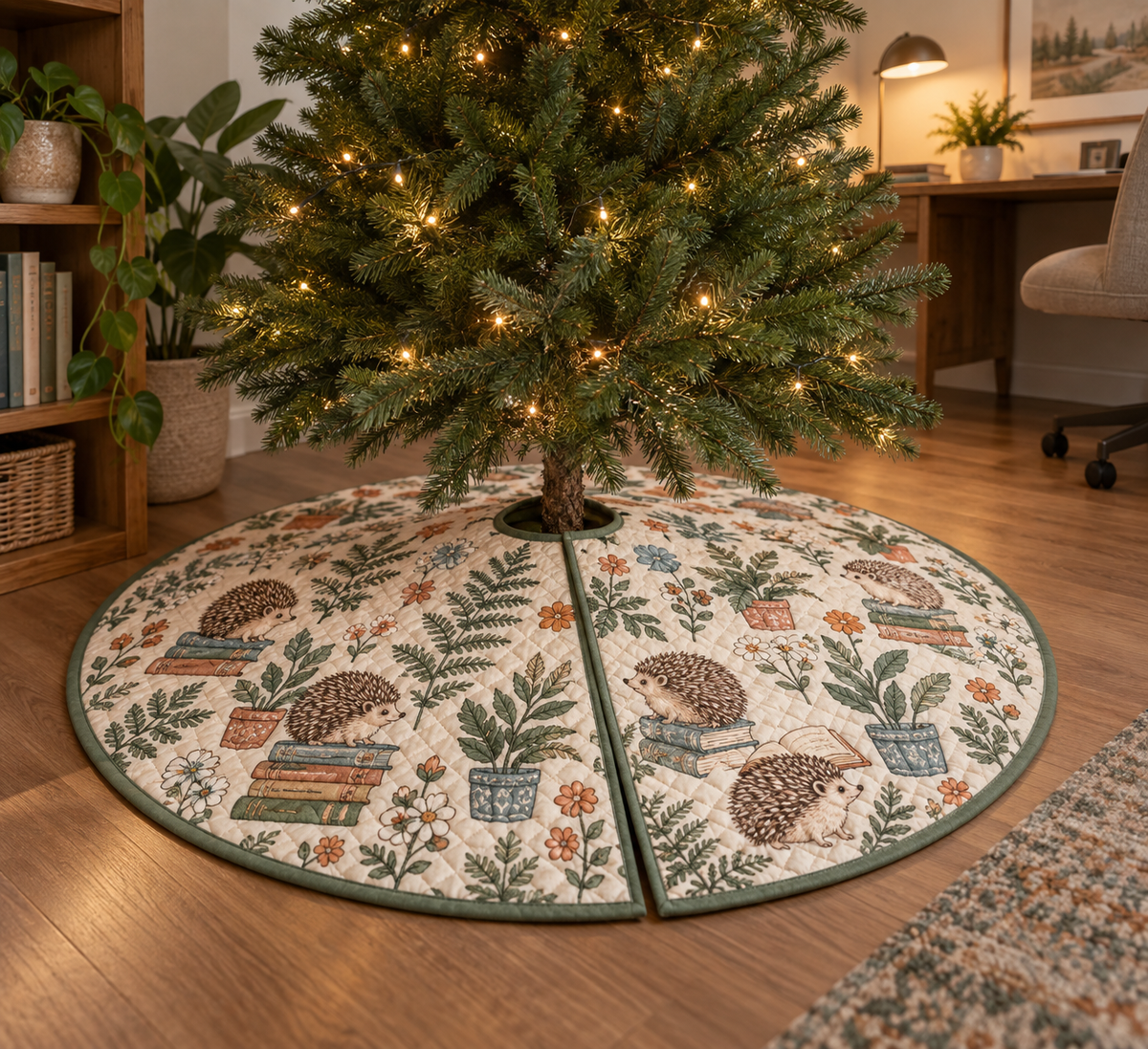 Round quilted tree skirt with a home-office hedgehog and books design.