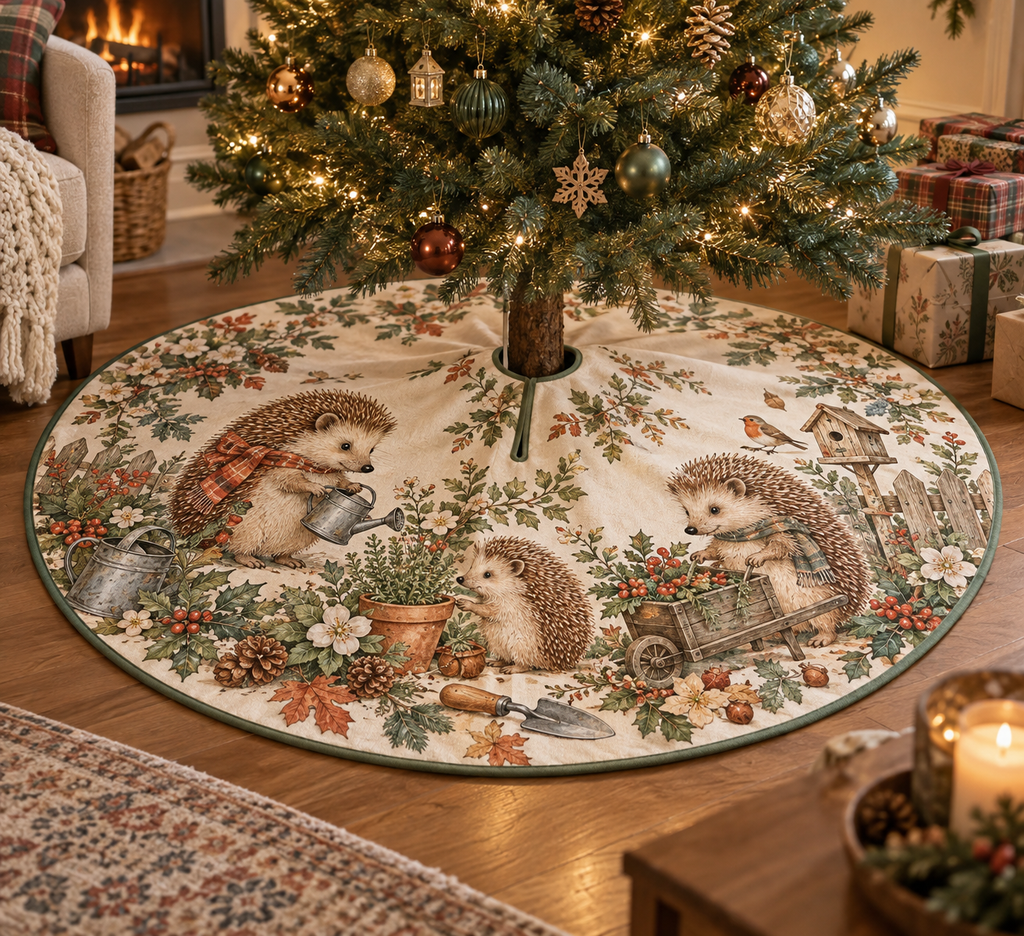 Round tree skirt with a center opening and hedgehog cottage garden print.
