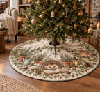 Round tree skirt with center opening and printed reading hedgehog among cottage-garden flowers.