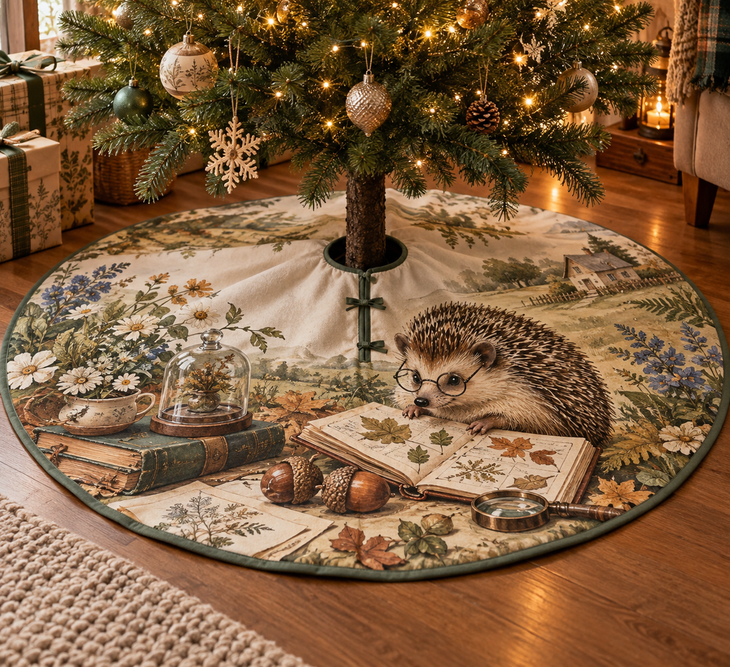Round tree skirt with center opening and a hedgehog collector studying botanical specimens.