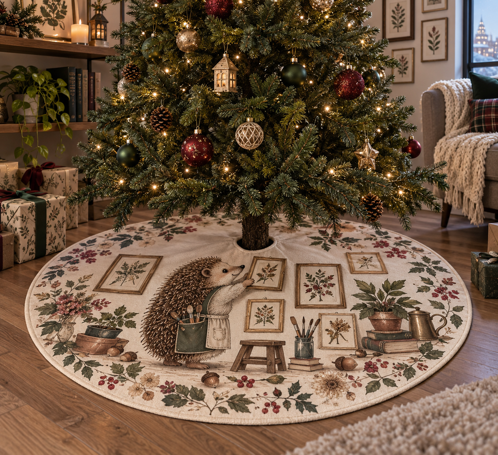 Round tree skirt with center opening and printed hedgehog arranging framed botanical art.
