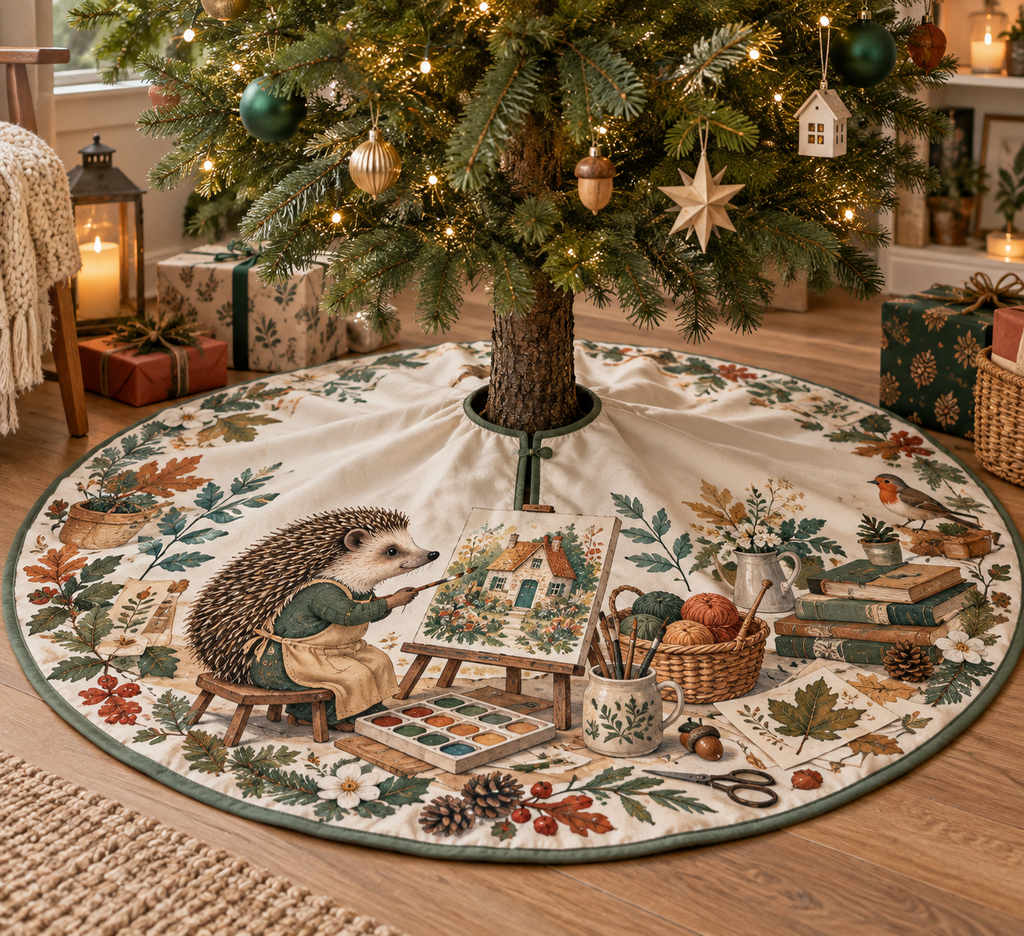 Round tree skirt with center opening and hedgehog painter, watercolor and garden-art print.