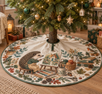 Round tree skirt with center opening and hedgehog painter, watercolor and garden-art print.