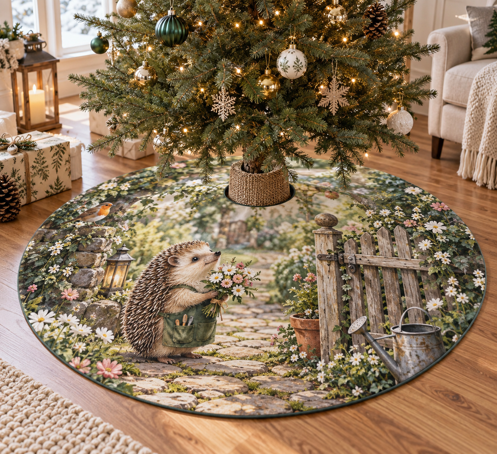 Round tree skirt with center opening and a hedgehog gardener presenting a small bouquet.