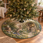 Round tree skirt with center opening and a reading rabbit beside books and meadow flowers.