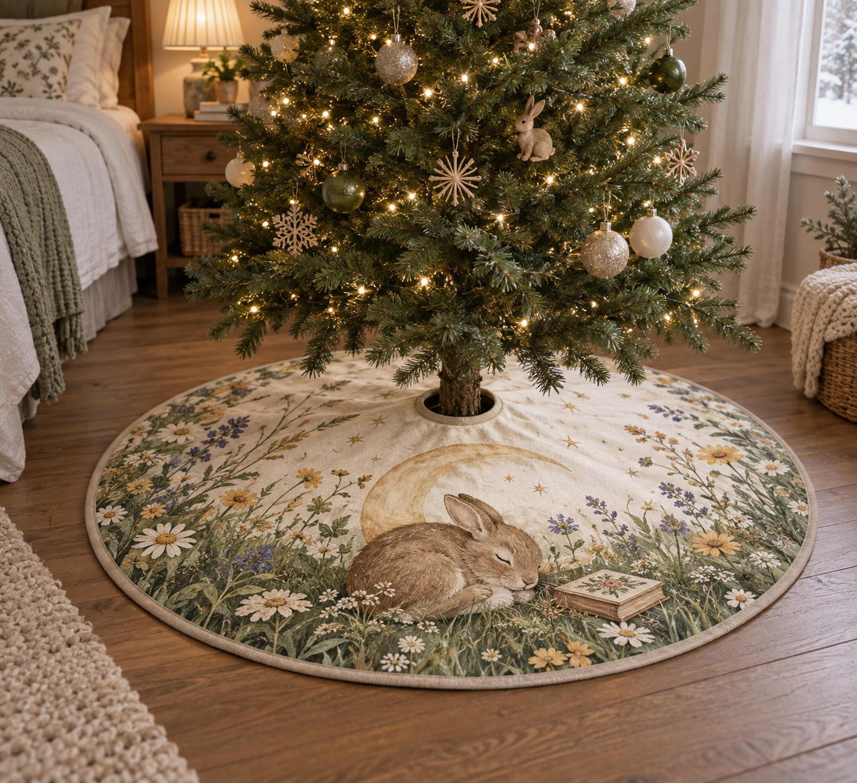 Round tree skirt with center opening and a resting rabbit beneath a crescent moon.