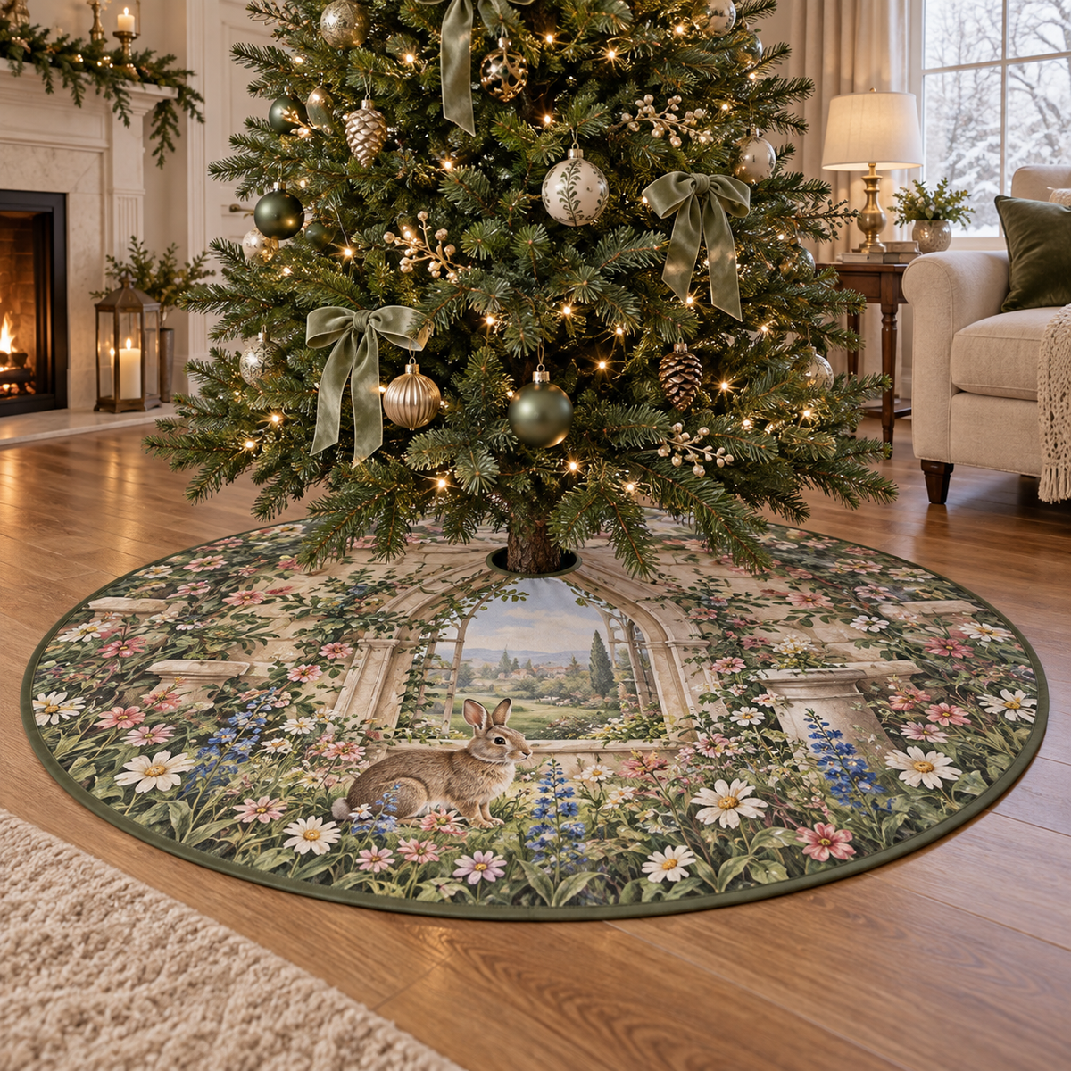 Round tree skirt with center opening, printed with a rabbit and flower-framed arched garden window.