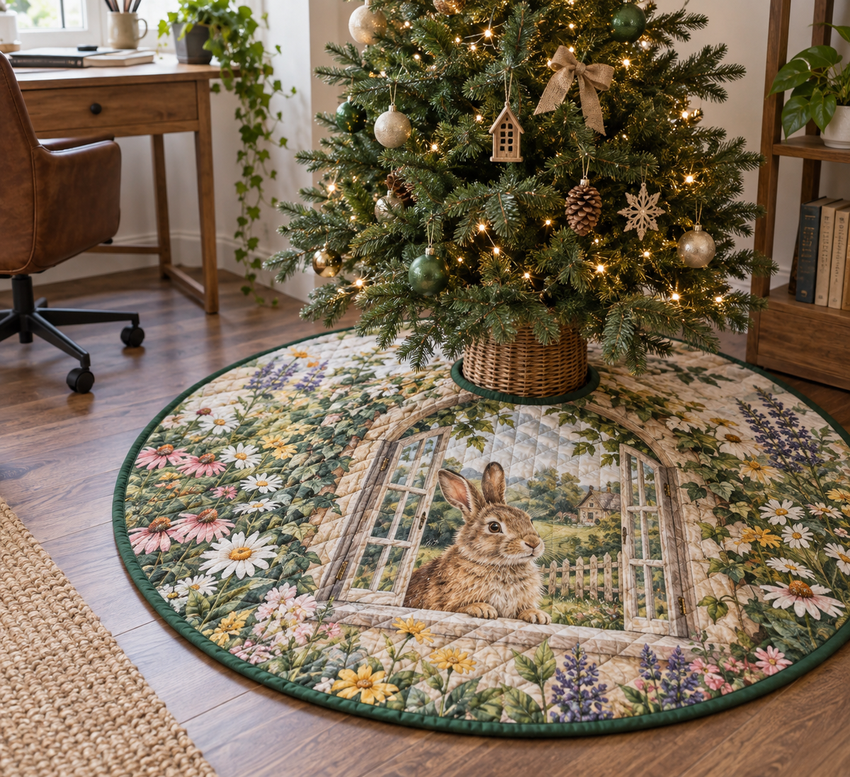 Round quilted tree skirt with center opening, printed with a rabbit in a flower-framed arched cottage window.