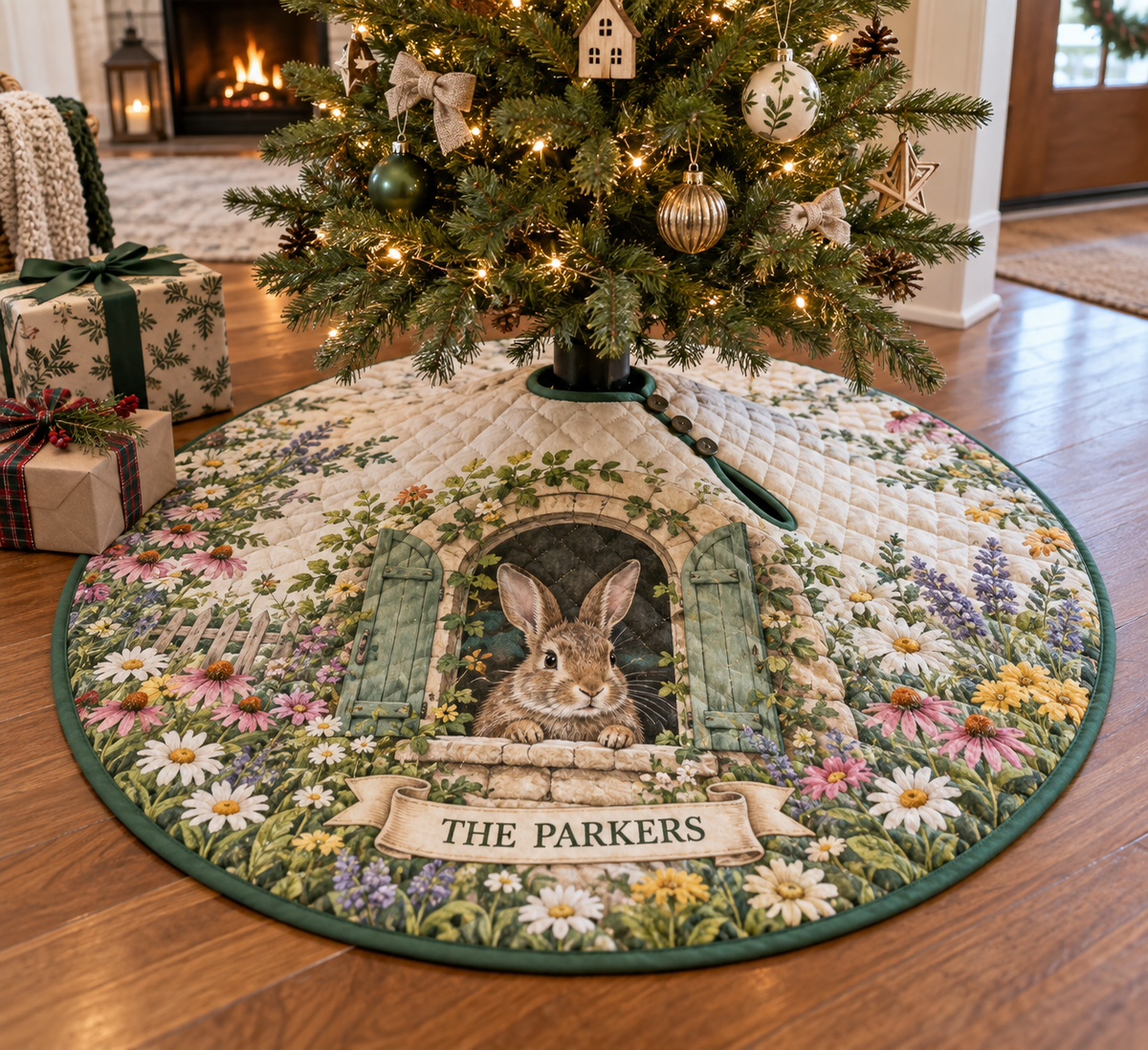 Round quilted tree skirt with rabbit meadow scene and THE PARKERS printed ribbon.