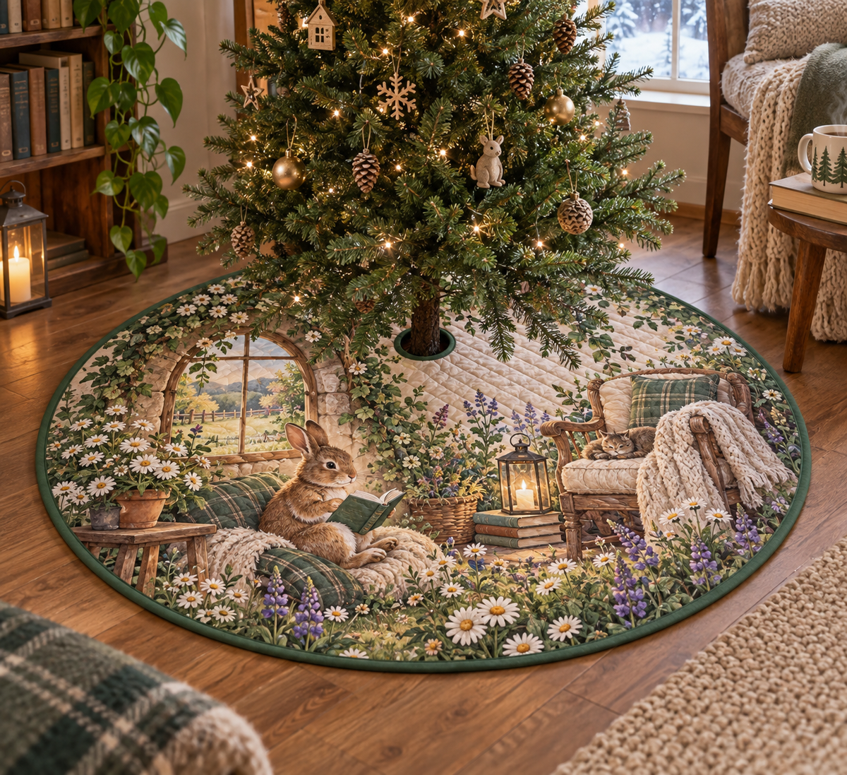 Round quilted tree skirt with a rabbit reading nook, arched garden window and meadow flowers.