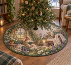 Round quilted tree skirt with a rabbit reading nook, arched garden window and meadow flowers.