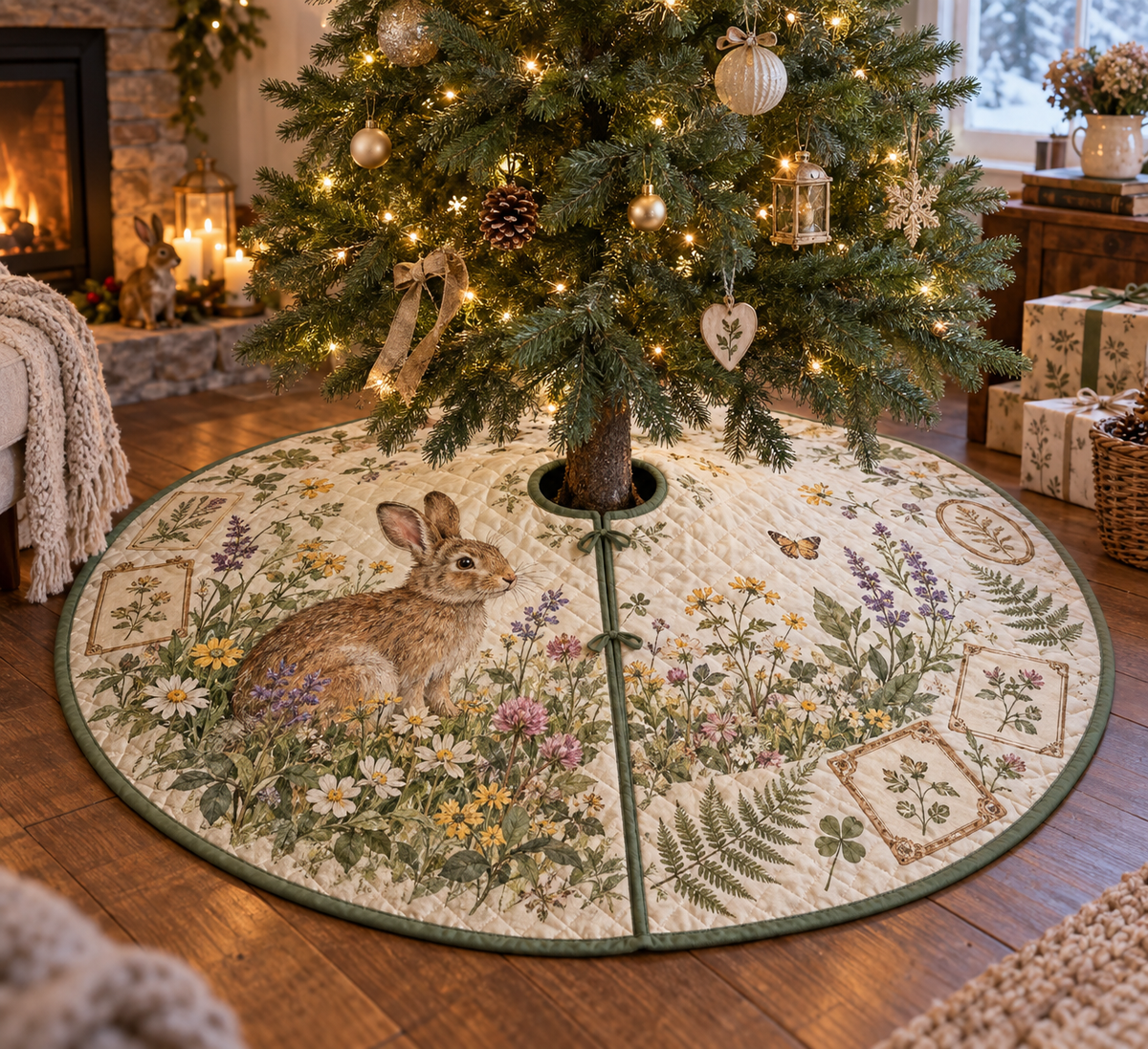 Round quilted tree skirt with a brown meadow rabbit and botanical pressed-flower print.