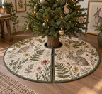 Round quilted tree skirt with a center opening and printed rabbit, fern and meadow-flower gallery art.
