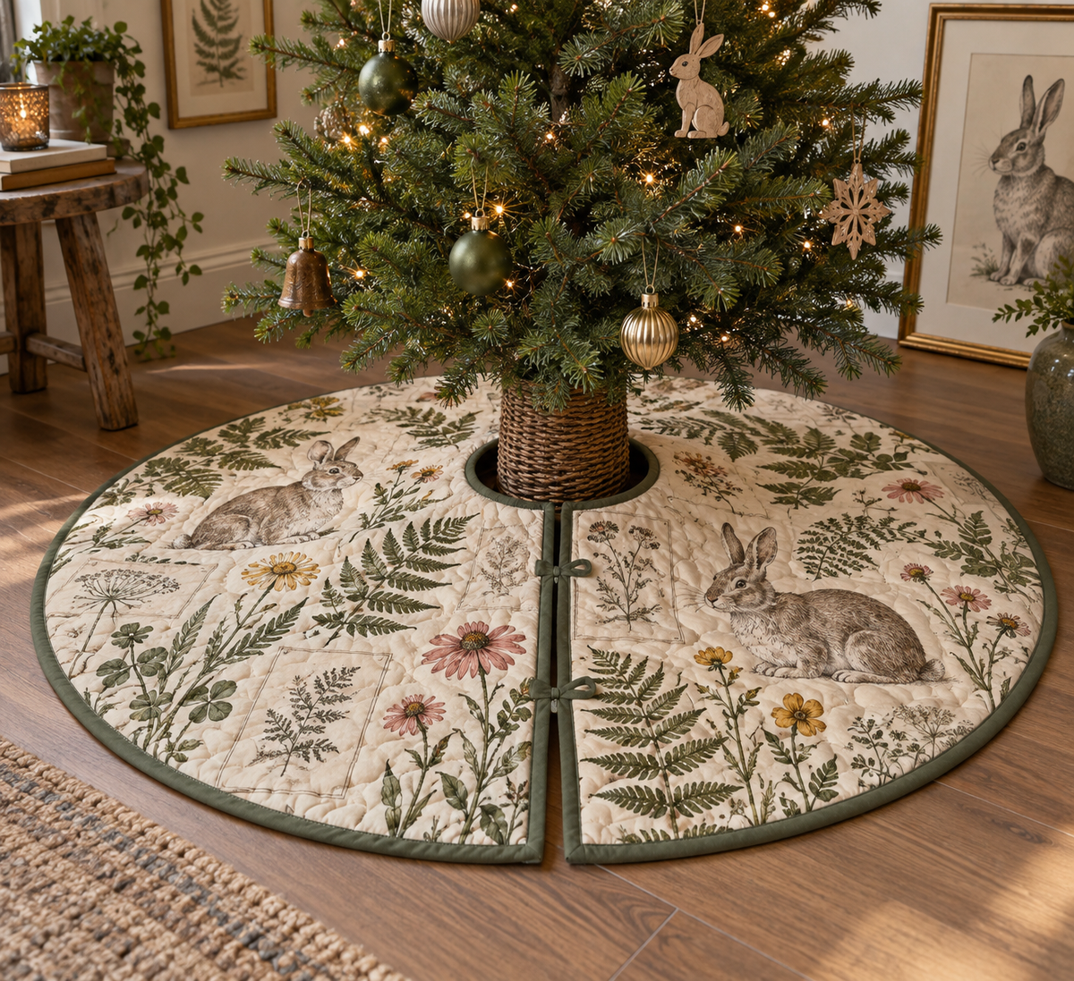 Round quilted tree skirt with a center opening and printed rabbit, fern and meadow-flower gallery art.